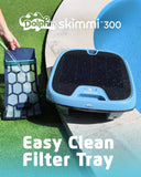 Dolphin Skimmi 300 easy-clean removable filter tray beside the solar pool skimmer