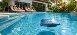 Dolphin Skimmi 300 cleaning the pool surface while swimmers relax poolside