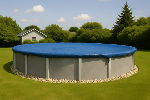 Yard Guard blue winter cover installed on a round above-ground pool